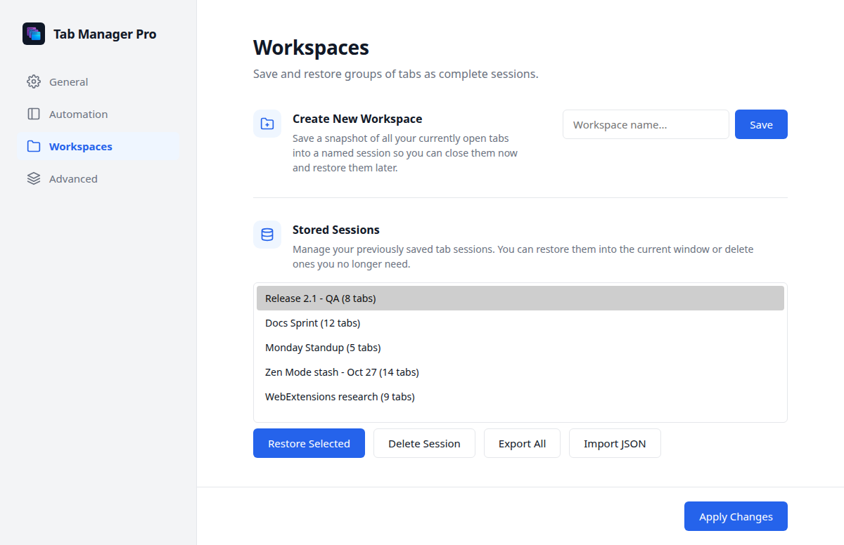 Workspaces page with a selected saved session and restore, delete, export, and import controls